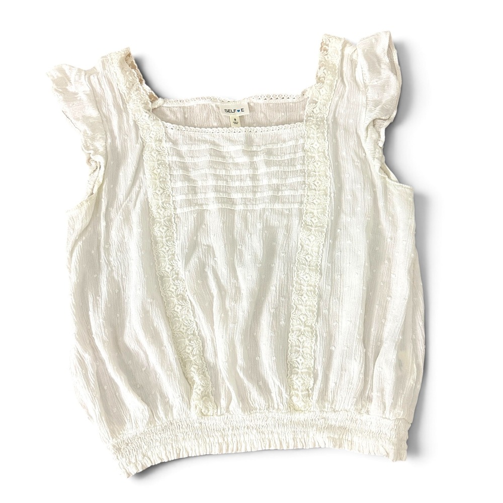 SELFIE Ivory Swiss Dot Lace Crochet Flutter Sleeve Smocked Hem Boho Blouse Top